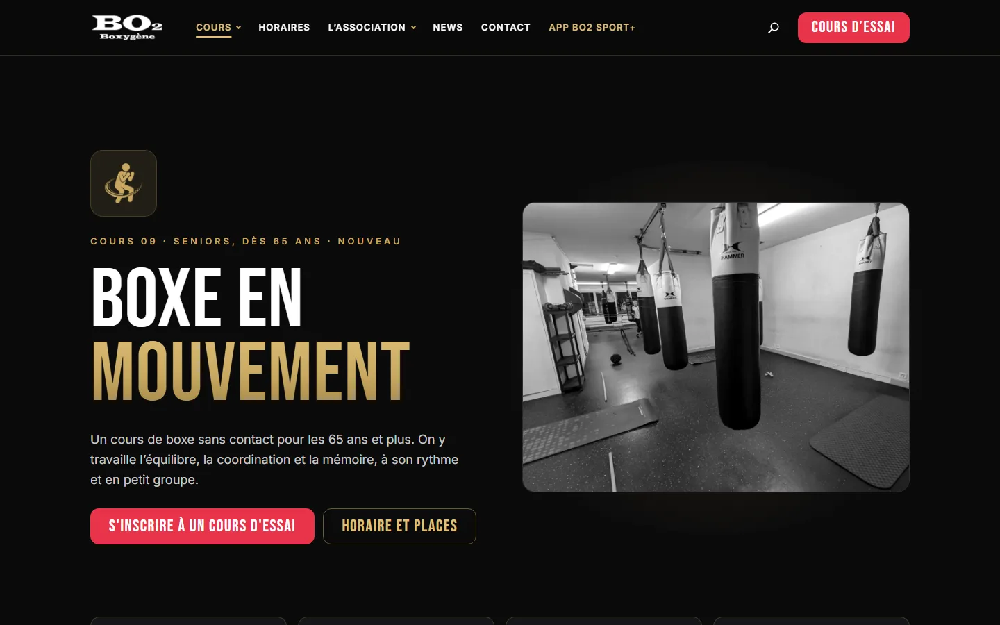 La page du cours Boxe en Mouvement sur le nouveau site